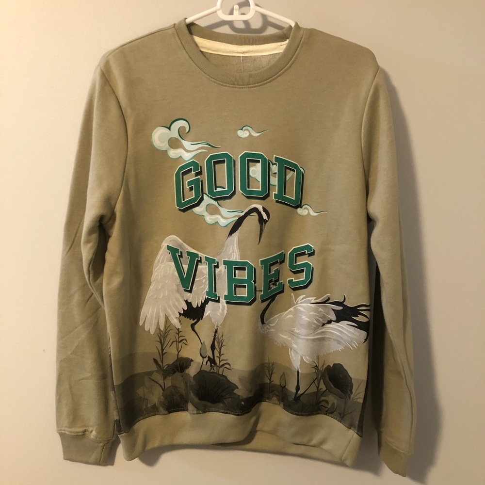 GOOD VIBES, Blind Rooster Sweater, Small, NEW with tags. Luxury. Crane design.